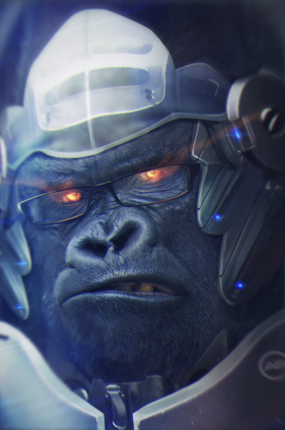 1boy armor face glasses glowing glowing_eyes gorilla male_focus no_humans orange_eyes overwatch power_armor solo winston_(overwatch) yellow_eyes
