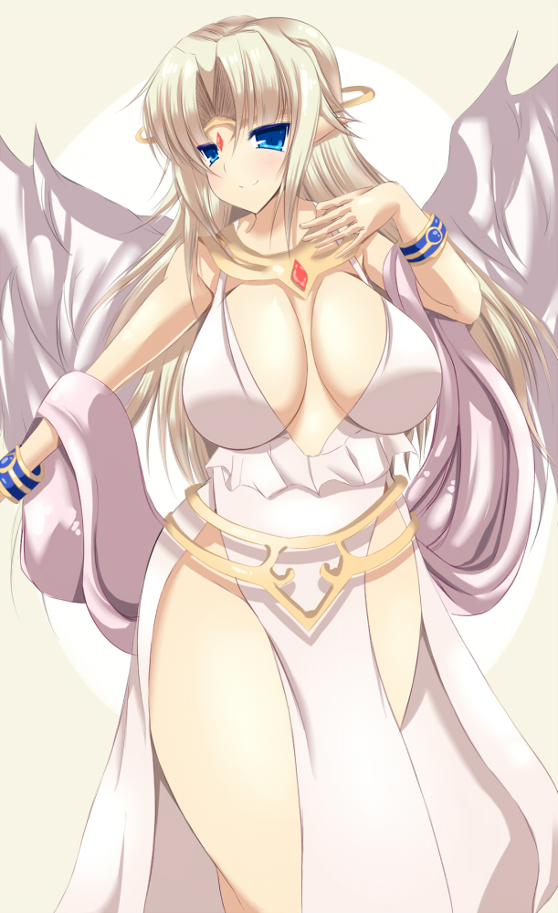 1girl blonde_hair blue_bracelets blue_eyes blush bracelet breasts choker circlet cleavage dress gem_on_head goddess ilias impossible_clothes jewelry large_breasts long_hair mon-musu_quest! monster_girl pointy_ears sash scarf silver_hair slit_pupils smile solo tiara very_long_hair wingless