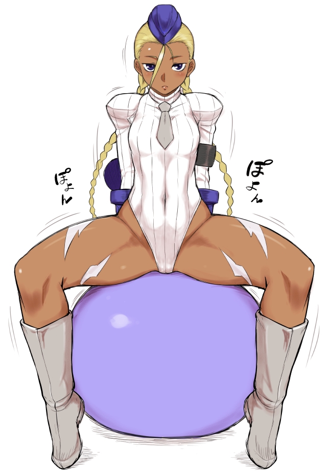 1girl ball blonde_hair blue_eyes boots braid cammy_white covered_navel dark_skin dr.p garrison_cap hat leotard looking_at_viewer pout simple_background solo street_fighter thighs translation_request twin_braids white_background