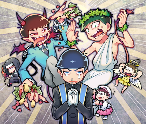 6+boys angel angel_wings chain collar demon_tail demon_wings fangs gloves halo hands_together horns long_nails long_tongue male_focus matsuno_choromatsu matsuno_ichimatsu matsuno_juushimatsu matsuno_karamatsu matsuno_osomatsu matsuno_todomatsu money multiple_boys nail_polish nun one-shoulder_tunic open_mouth osomatsu-san red_nails santou_suihei sextuplets short_hair tail tears tongue white_gloves wings wreath