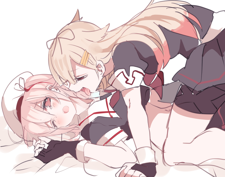 beret bike_shorts blonde_hair blush bow cis_(carcharias) closed_eyes commentary_request fingerless_gloves gloves hair_bow hair_ornament hairclip harusame_(kantai_collection) hat kantai_collection long_hair midriff navel on_bed one_eye_closed open_mouth pink_eyes pink_hair pinned remodel_(kantai_collection) school_uniform serafuku shorts_under_skirt side_ponytail sketch tears tongue tongue_out vampire yuudachi_(kantai_collection)