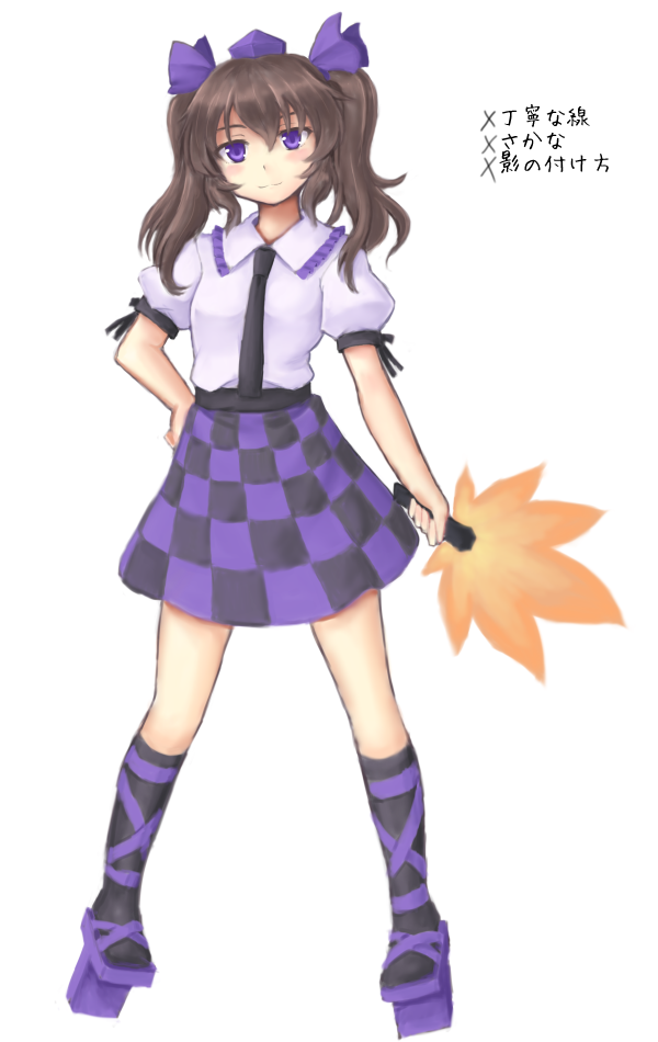 1girl ankle_lace-up black_hair checkered checkered_skirt cross-laced_footwear fan geta gomi_(gomitin) hair_ribbon hand_on_hip hat himekaidou_hatate looking_at_viewer puffy_short_sleeves puffy_sleeves ribbon shirt short_sleeves skirt solo thighs tokin_hat touhou twintails violet_eyes