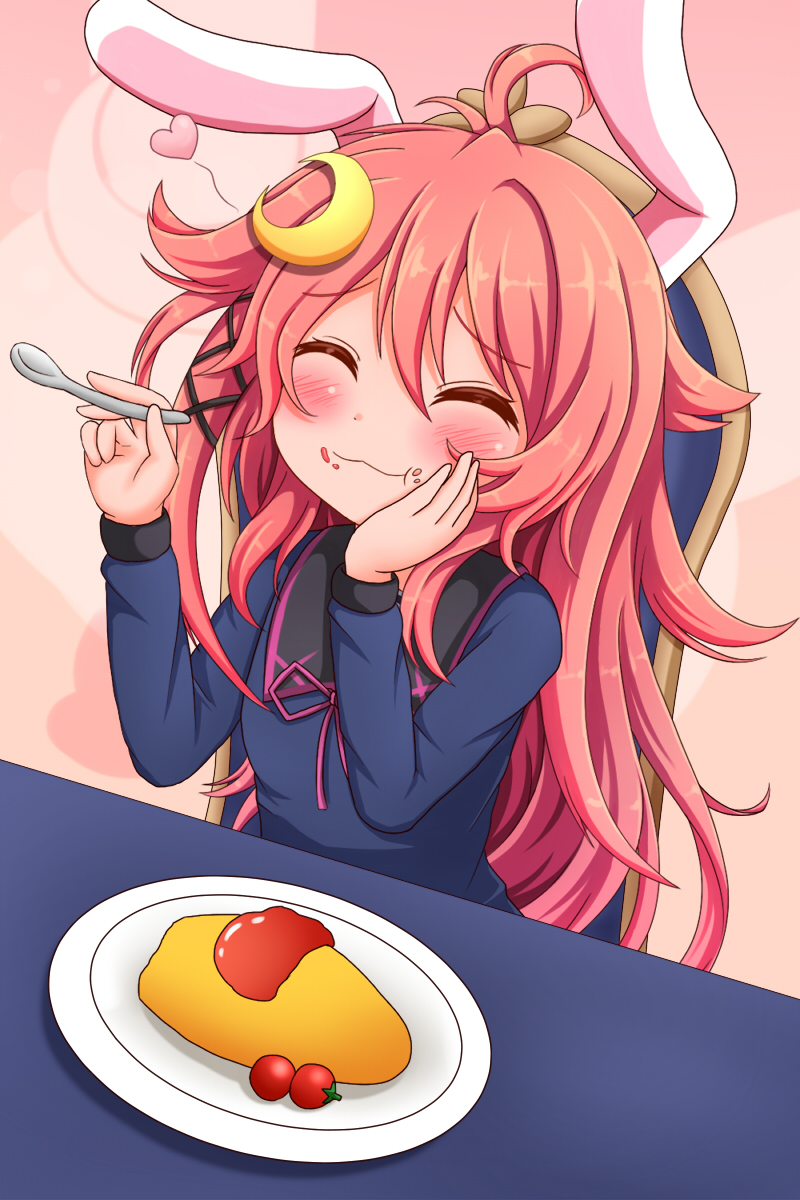 1girl :3 ^_^ ahoge animal_ears blush chair cherry_tomato closed_eyes closed_mouth commentary_request crescent crescent_hair_ornament eating fake_animal_ears hair_ornament heart highres kantai_collection ketchup long_hair long_sleeves omelet plate rabbit_ears school_uniform serafuku shiruzu_(sk10102194) sitting solo spoon uzuki_(kantai_collection)