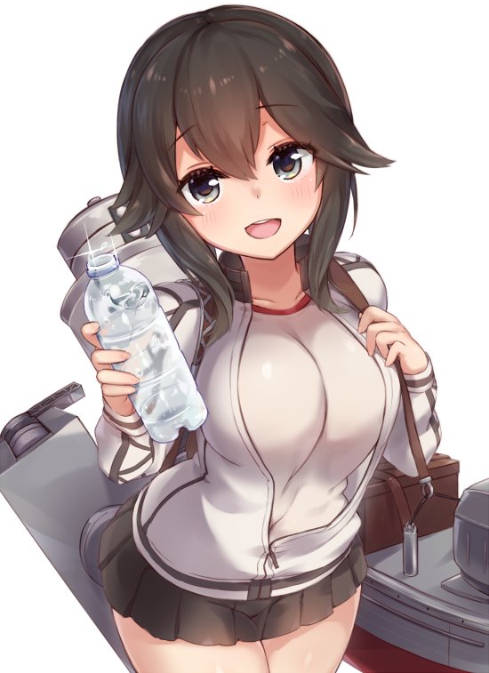 1girl black_skirt bottle breasts brown_hair grey_eyes gym_shirt hair_between_eyes hayasui_(kantai_collection) jacket kantai_collection large_breasts loafers long_sleeves looking_at_viewer machinery miniskirt open_clothes open_jacket open_mouth pleated_skirt shirt shoes short_hair skirt track_jacket water_bottle white_shirt yamaarashi