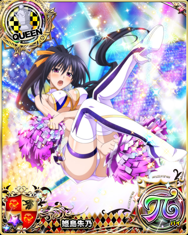 1girl black_hair boots breasts card_(medium) character_name cheerleader chess_piece cleavage erect_nipples hair_ribbon high_school_dxd high_school_dxd_pi himejima_akeno large_breasts long_hair long_ponytail miniskirt official_art open_mouth panties pom_poms ponytail queen_(chess) ribbon skirt solo thigh-highs thigh_boots trading_card underwear very_long_hair violet_eyes white_boots white_panties white_skirt