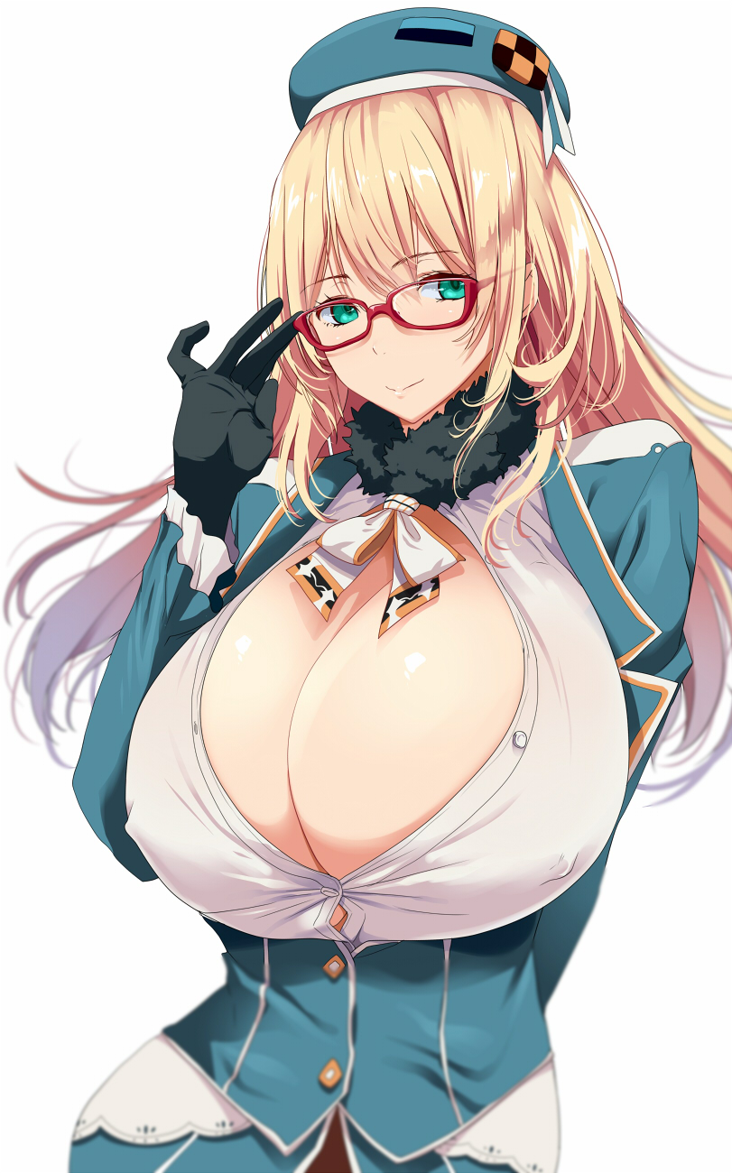 1girl atago_(kantai_collection) beret bespectacled black_gloves blonde_hair blush bow bowtie breasts buttons covered_nipples dress eyebrows eyebrows_visible_through_hair finger_to_glasses frills fur_collar fur_trim glasses gloves green_eyes green_hat green_skirt hair_between_eyes hat highres huge_breasts kantai_collection kloah long_hair long_sleeves looking_at_viewer military military_uniform open_clothes open_shirt red-framed_glasses rimless_glasses shirt showgirl_skirt skirt skirt_set solo taut_clothes taut_shirt uniform upper_body white_bow white_shirt