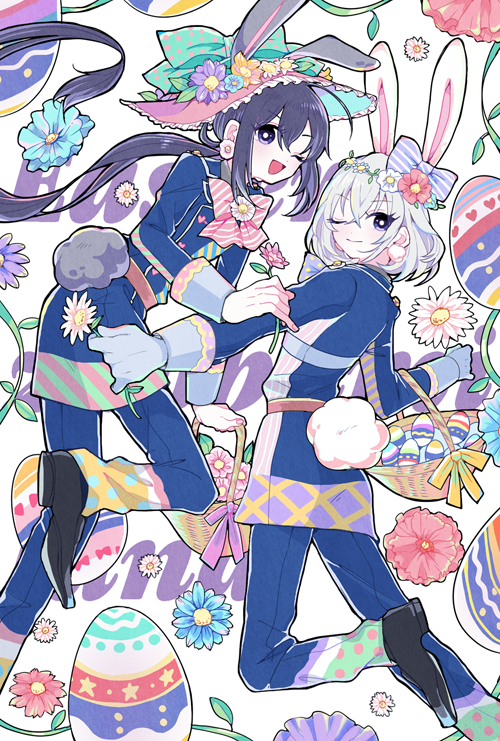 2boys ;d animal_ears armor basket bow easter_egg hat hat_bow honebami_toushirou japanese_armor kyandanesuti_4-sei long_hair male_focus military military_uniform multiple_boys namazuo_toushirou one_eye_closed open_mouth ponytail rabbit_ears smile touken_ranbu uniform violet_eyes white_hair