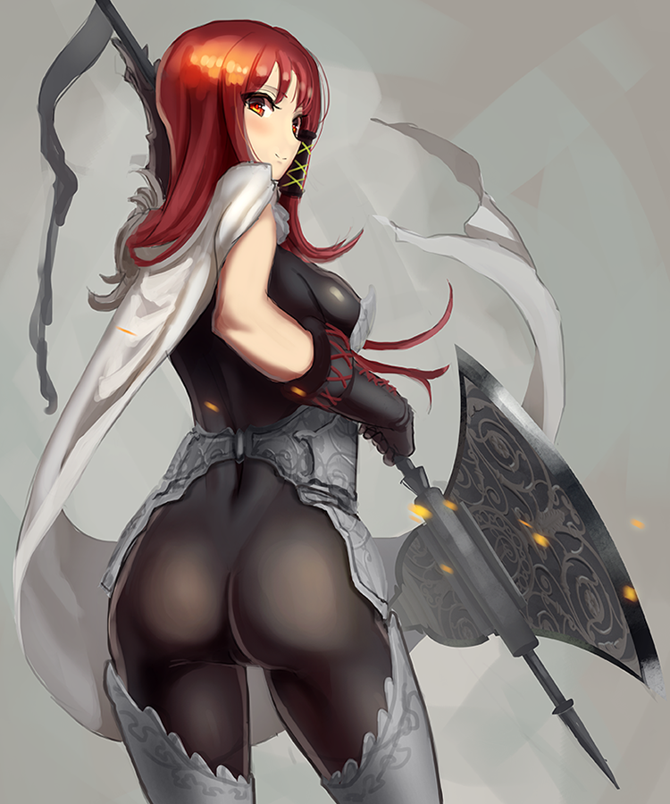 1girl armor ass axe back battle_axe black_gloves bodysuit cape cowboy_shot elbow_gloves gloves hair_tubes holding holding_weapon kazo latex long_hair looking_at_viewer looking_back original red_eyes redhead shiny shiny_clothes smile solo thigh-highs weapon