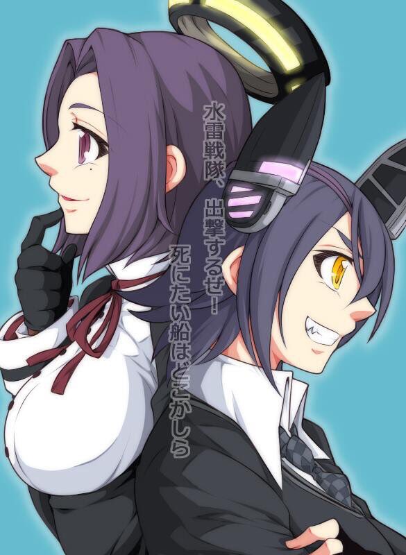 back-to-back bangs blouse commentary_request eyepatch fingerless_gloves gloves grin hair_over_one_eye hand_on_own_arm hand_on_own_chin headgear kantai_collection mechanical_halo mole mole_under_eye necktie neko_majin parted_bangs parted_lips purple_hair ribbon shirt short_hair sidelocks smile sweater tatsuta_(kantai_collection) tenryuu_(kantai_collection) translation_request violet_eyes yellow_eyes