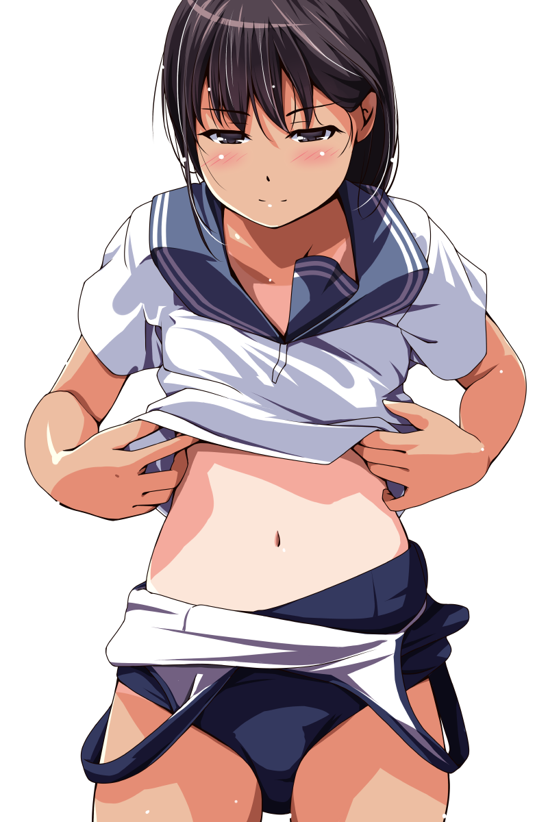 1girl black_hair blue_swimsuit blush closed_mouth competition_school_swimsuit cowboy_shot eyebrows eyebrows_visible_through_hair grey_eyes half-closed_eyes highres lifted_by_self looking_down matsunaga_kouyou navel one-piece_swimsuit original school_swimsuit shirt_lift short_hair short_sleeves smile solo standing stomach swimsuit swimsuit_pull tan tanline tareme undressing