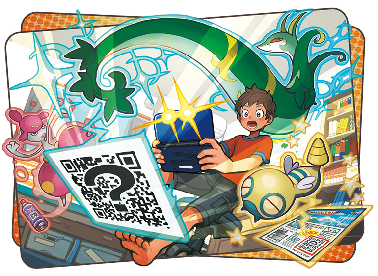 1boy bookshelf curtains dunsparce handheld_game_console male_focus medicham nintendo_3ds official_art oomura_yuusuke pokemon pokemon_(creature) pokemon_(game) pokemon_sm qr_code serperior shirt star surprised t-shirt tan