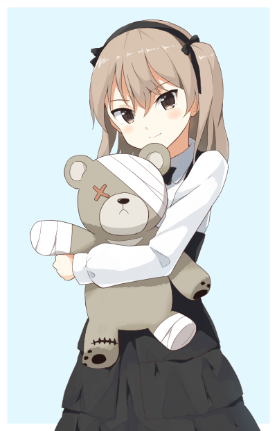 1girl bandages blush brown_eyes brown_hair girls_und_panzer hair_ribbon hairband long_hair long_sleeves looking_at_viewer ribbon shimada_arisu shirt skirt smile solo stuffed_animal stuffed_toy sui_(tsuruhibiki) teddy_bear twintails