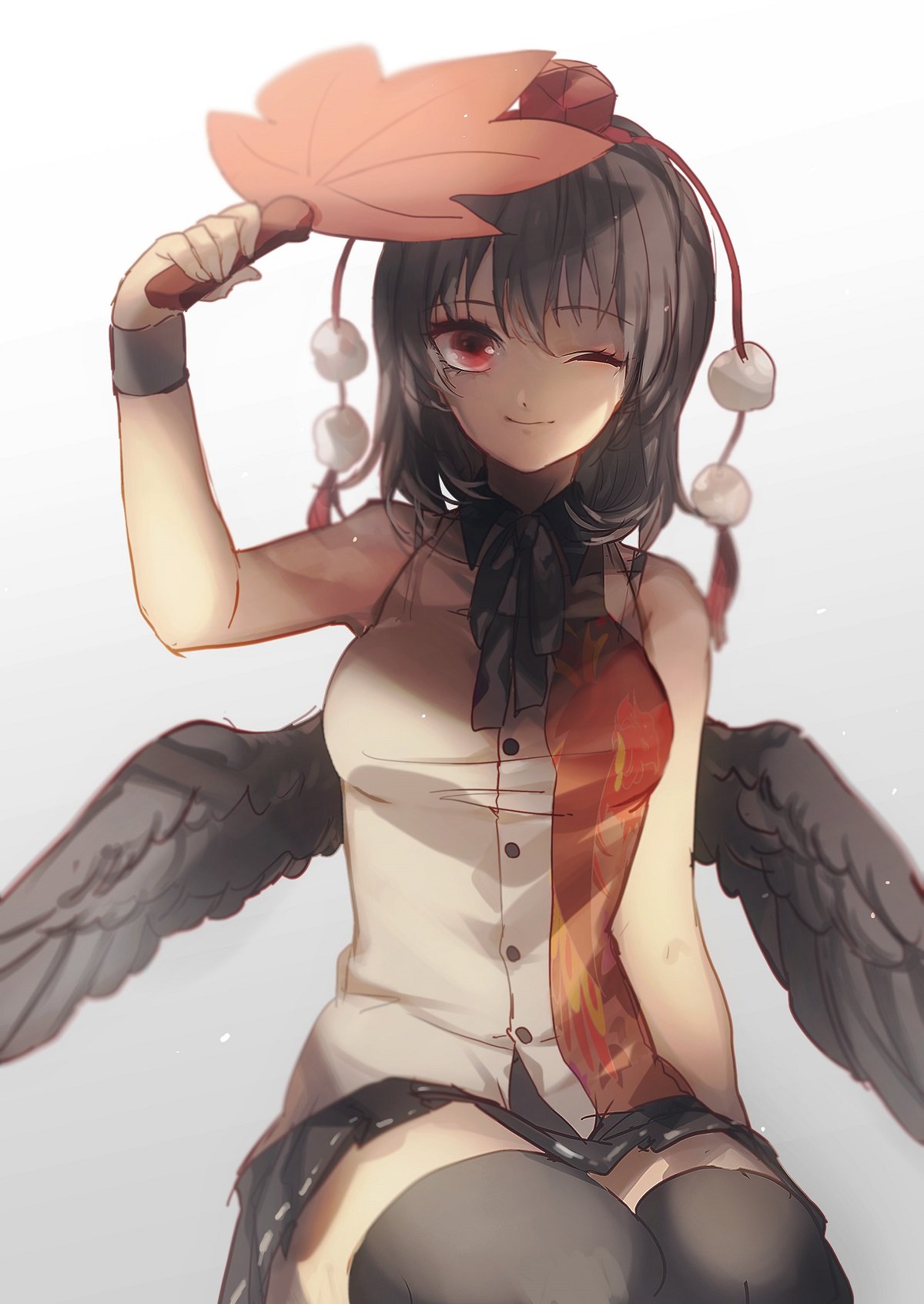 1girl adapted_costume arm_up black_hair black_legwear black_wings gradient gradient_background hat highres leaf looking_at_viewer maple_leaf no-kan one_eye_closed pom_pom_(clothes) red_eyes shameimaru_aya shirt short_hair sitting skirt sleeveless smile solo string thigh-highs tokin_hat touhou wings wrist_cuffs