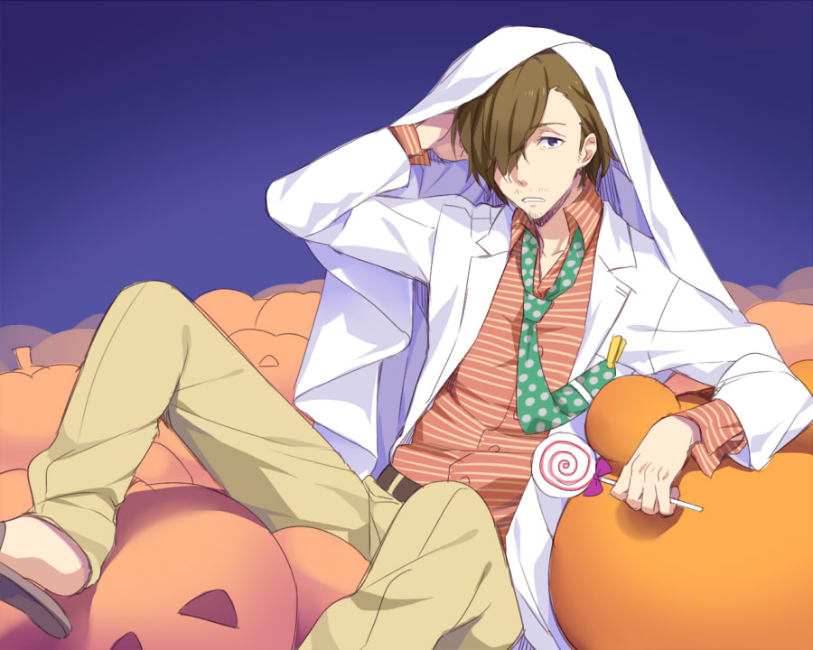 1boy barefoot_sandals bed_sheet blue_background brown_hair candy facial_hair funikurikurara goatee gradient gradient_background hair_over_one_eye idolmaster idolmaster_side-m jack-o'-lantern labcoat lollipop male_focus mustache necktie polka_dot pumpkin shirt simple_background sitting solo striped striped_shirt tie_clip yamashita_jirou