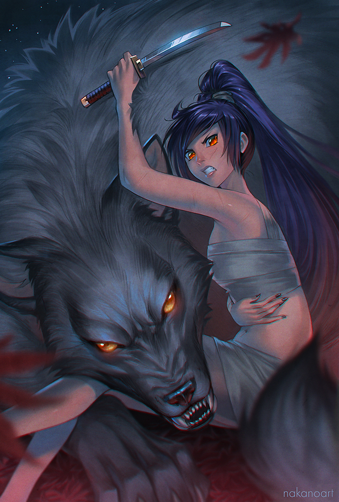 1girl arm_up artist_name bandages bangs blurry clenched_teeth depth_of_field high_ponytail holding holding_knife knife leaf long_hair maple_leaf nakanoart navel open_mouth orange_eyes original ponytail scar sitting swept_bangs teeth very_long_hair wolf