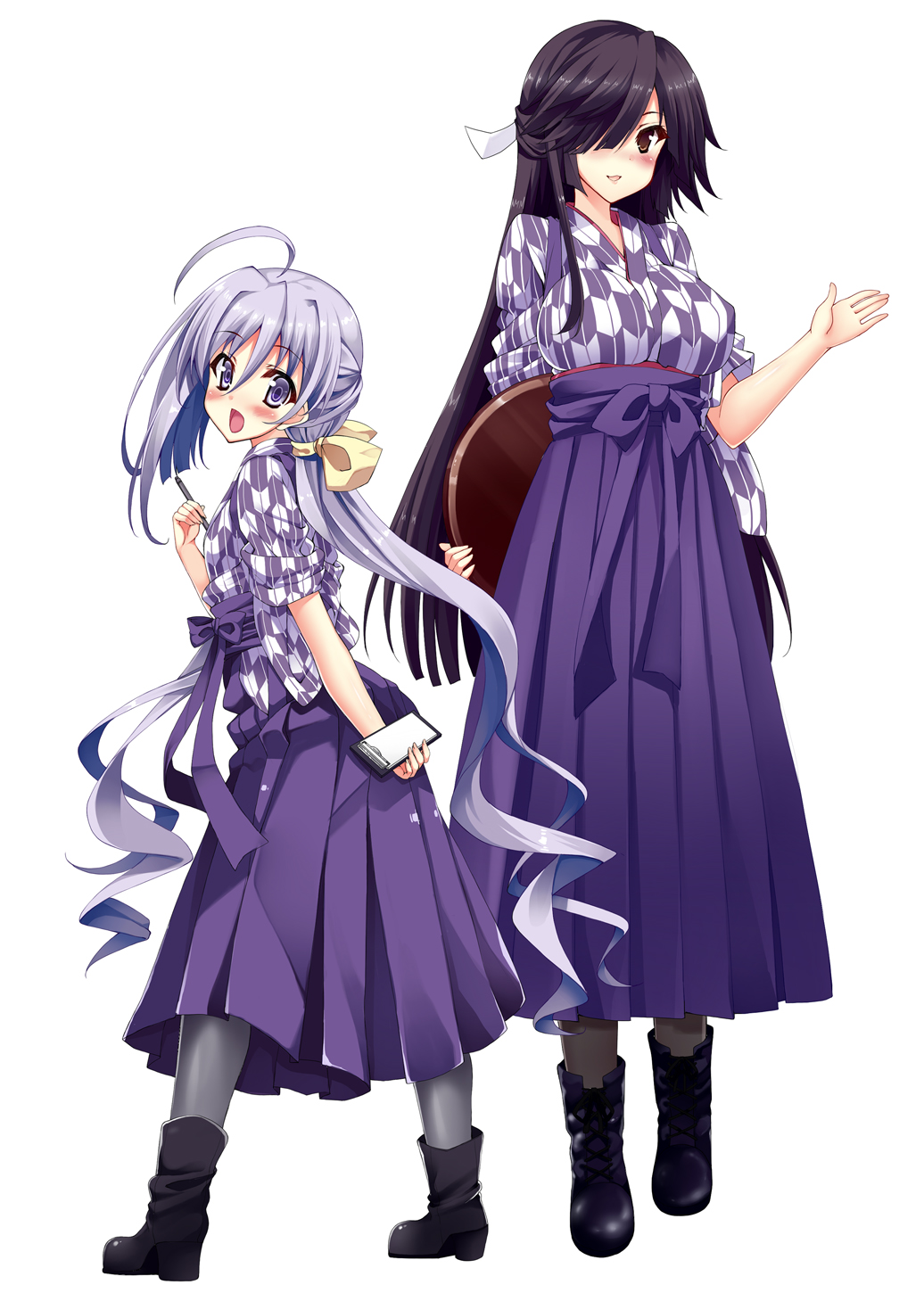 2girls :d ahoge alternate_costume arm_at_side bashamichi black_boots black_hair blush boots bow breasts brown_eyes clipboard cross-laced_footwear eyebrows eyebrows_visible_through_hair full_body grey_legwear hair_between_eyes hair_bow hair_over_one_eye hair_ribbon hakama half_updo hayashimo_(kantai_collection) highres holding holding_pen holding_tray japanese_clothes kantai_collection kimono kiyoshimo_(kantai_collection) kusano_(torisukerabasu) lace-up_boots large_breasts legs_apart long_hair looking_at_viewer meiji_schoolgirl_uniform multiple_girls one_eye_covered open_mouth palms pantyhose paper purple_hair purple_hakama revision ribbon simple_background sleeves_rolled_up smile standing tasuki tray very_long_hair violet_eyes wavy_hair white_background white_ribbon yagasuri zoom_layer