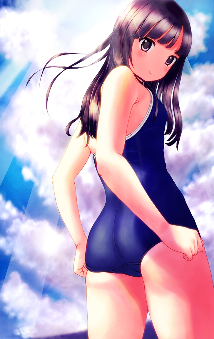 1girl adjusting_clothes adjusting_swimsuit ass bangs black_eyes black_hair blue_sky blue_swimsuit blush closed_mouth clouds cowboy_shot from_behind long_hair looking_back neuron_(exceed) one-piece_swimsuit original outdoors school_swimsuit shade sky small_breasts smile solo sunlight swimsuit