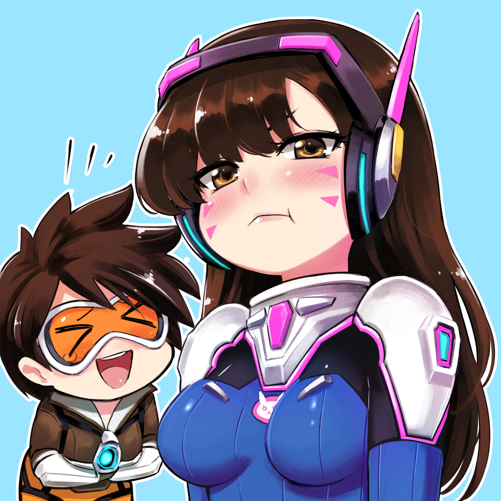 &gt;_&lt; 2girls :t alphy blue_background blush bodysuit breasts brown_eyes brown_hair closed_eyes commentary_request d.va_(overwatch) facial_mark goggles headphones jacket laughing long_hair looking_at_viewer multiple_girls open_mouth outline overwatch pilot_suit pout short_hair simple_background skin_tight spiky_hair tears tracer_(overwatch) upper_body whisker_markings