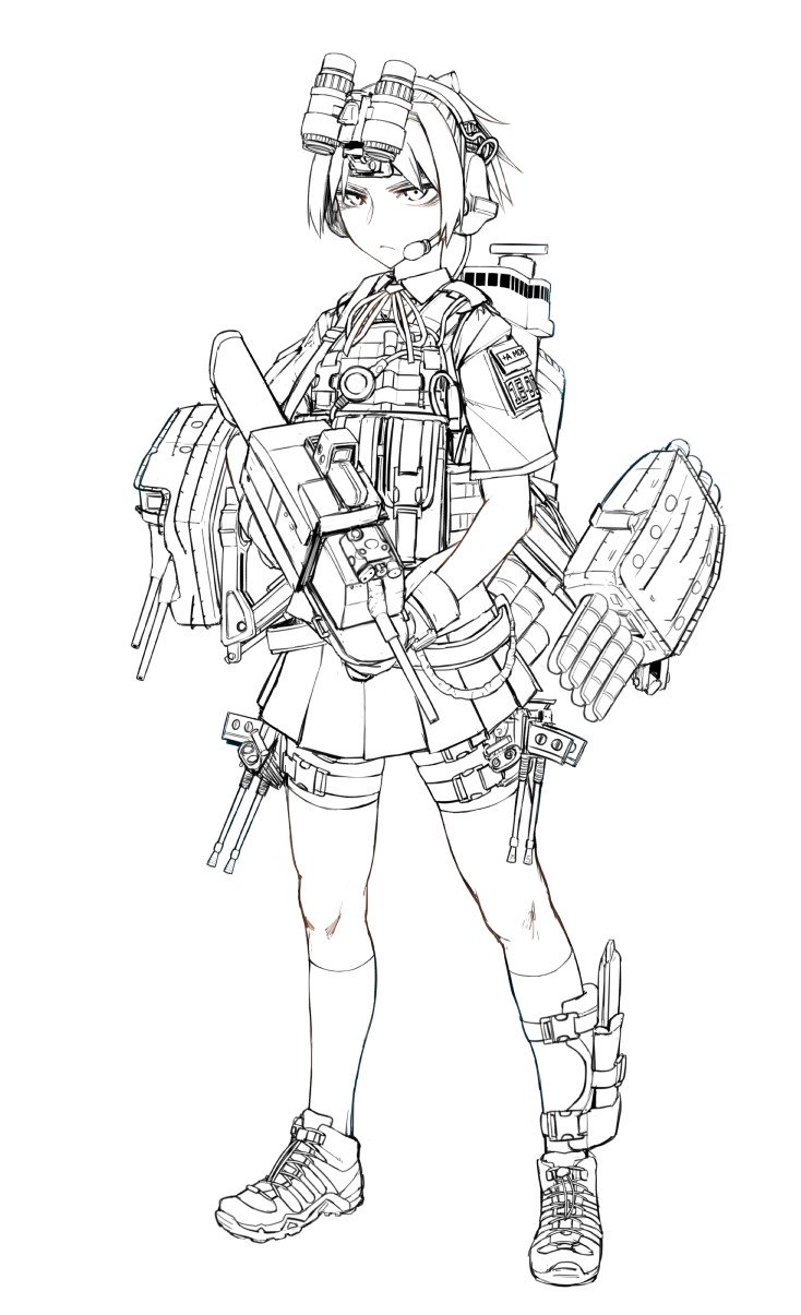 1girl ammunition_pouch bike_shorts body_armor boom_microphone cannon combat_knife didloaded eotech gloves gun headset highres kantai_collection knife laser_sight lineart molle_vest neck_ribbon night_vision_device plate_carrier pleated_skirt ponytail red_ribbon ribbon rigging sheath shiranui_(kantai_collection) sketch skirt sling solo strap torpedo turret weapon