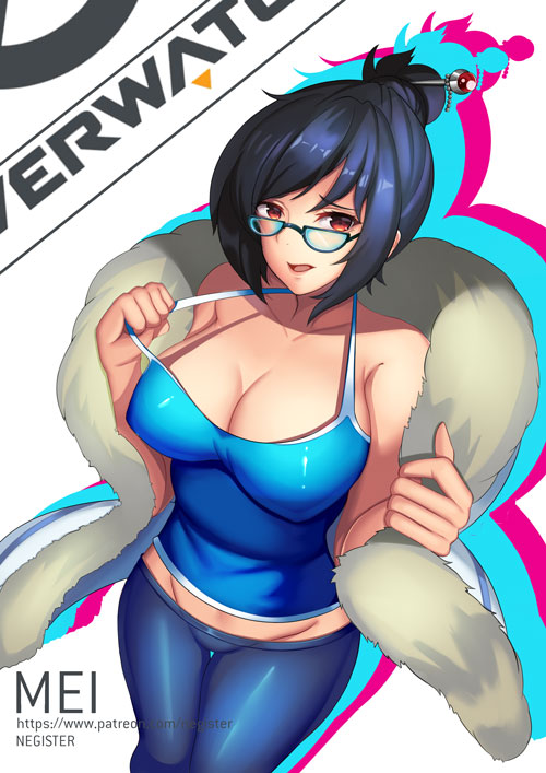 1girl artist_name breasts brown_eyes brown_hair character_name cleavage coat glasses hair_bun hair_ornament hairpin large_breasts looking_at_viewer mei_(overwatch) negister overwatch short_hair signature smile solo strap_gap strap_pull tank_top watermark web_address