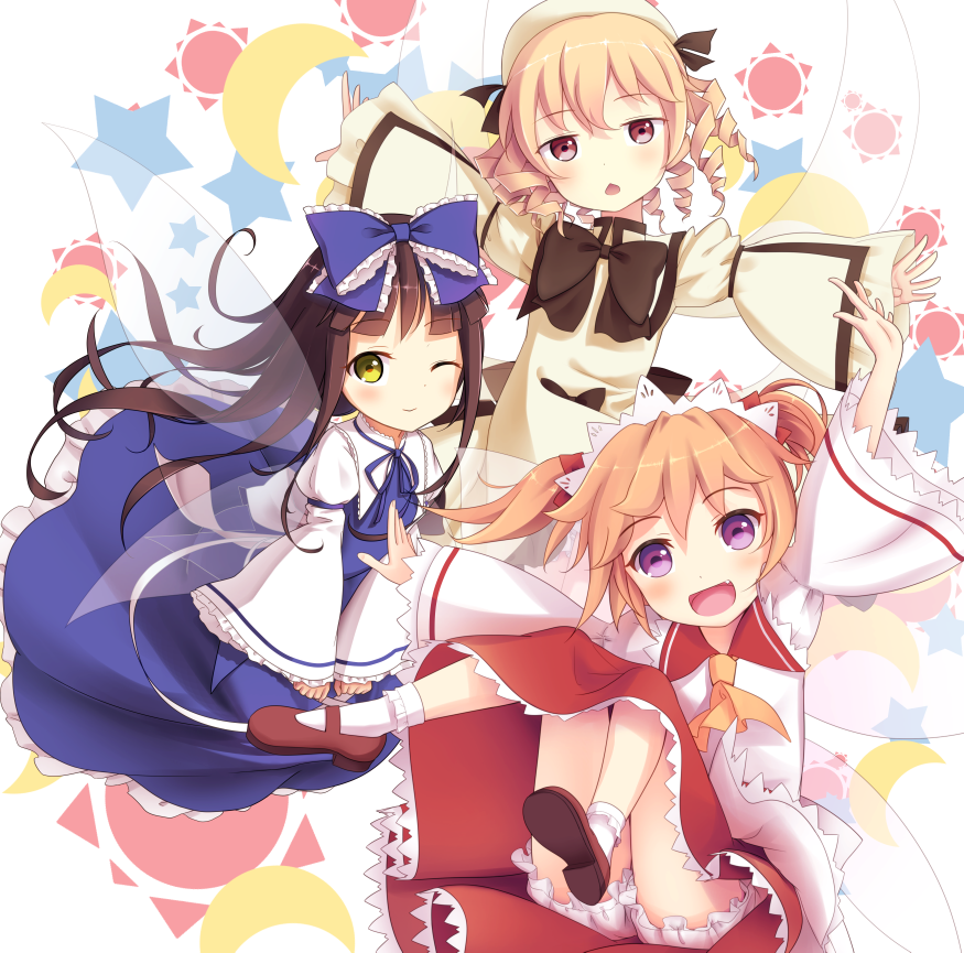 3girls :d ascot bent_knees black_bow bloomers blue_bow blue_ribbon blush bow bowtie crescent dress fairy_wings fang frilled_sleeves frills hair_bow hat irigoma_(jikabi_baisen) knees_up long_sleeves looking_at_viewer luna_child mary_janes multiple_girls neck_ribbon open_mouth outstretched_arms ribbon sash shoes smile spread_arms star star_sapphire starry_background sun sunny_milk touhou underwear wide_sleeves wings