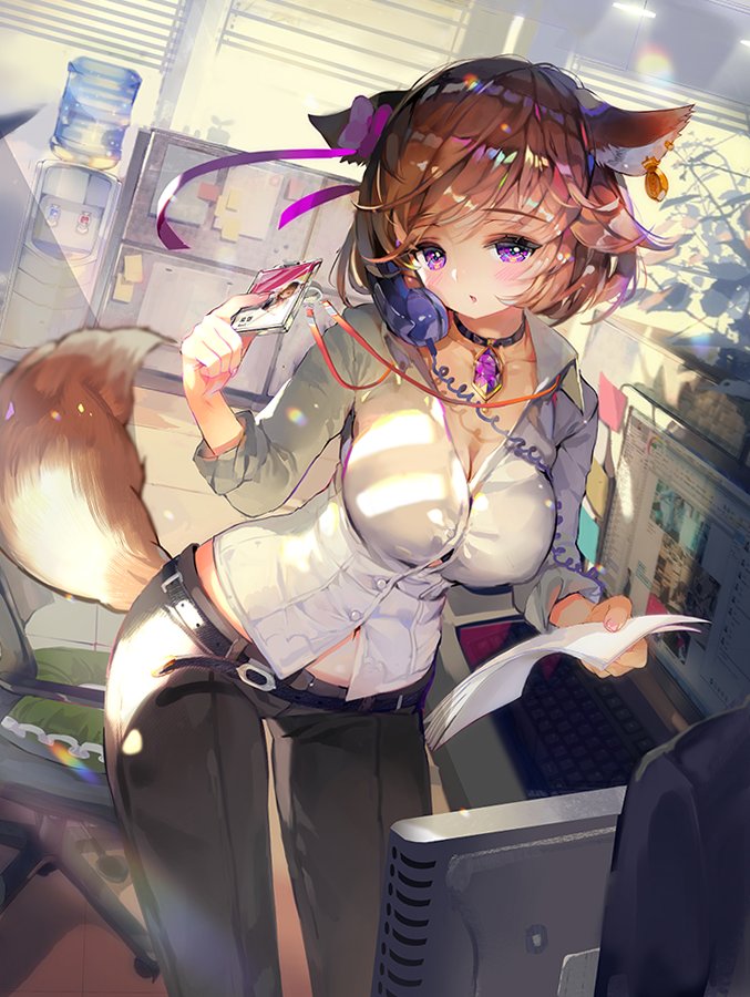 1girl animal_ears bangs belt blush breasts brown_pants buttons chair collar collarbone collared_shirt corded_phone cowboy_shot dahl-lange fox_ears fox_tail jacket jewelry large_breasts looking_at_viewer monitor navel open_clothes open_mouth pants paper pencil phone purple_ribbon ribbon shirt short_hair single_earring solo swept_bangs tail violet_eyes white_shirt wing_collar