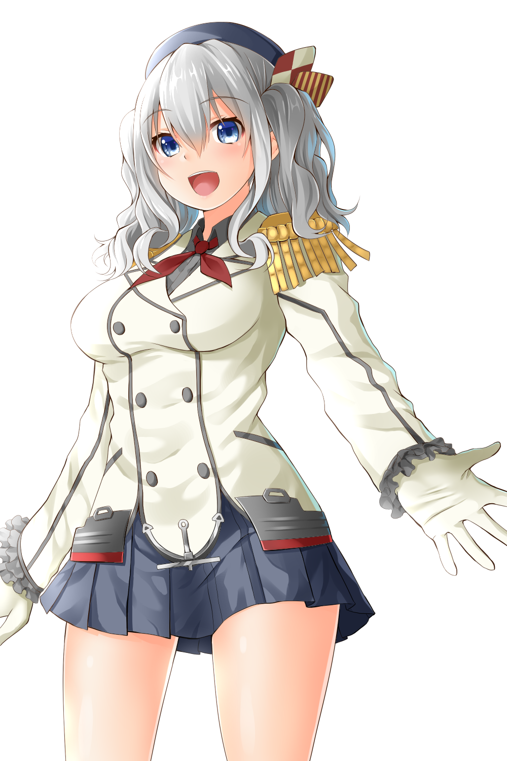 1girl :d beret black_hat black_shirt blue_eyes blue_skirt buttons coat collared_shirt cowboy_shot double-breasted epaulettes eyebrows eyebrows_visible_through_hair frilled_sleeves frills gloves hat highres kantai_collection kashima_(kantai_collection) long_sleeves military military_uniform oekakizuki open_mouth pleated_skirt red_ribbon ribbon shirt short_hair short_twintails silver_hair simple_background skirt smile solo standing thighs twintails uniform wavy_hair white_background white_coat white_gloves wing_collar
