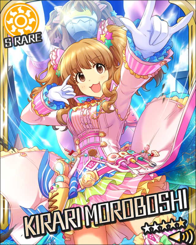 1girl :3 \m/ artist_request brown_eyes brown_hair card_(medium) character_name gloves hair_ornament idolmaster idolmaster_cinderella_girls mecha moroboshi_kirari official_art robot star_hair_ornament sun_(symbol) thigh-highs twintails white_gloves