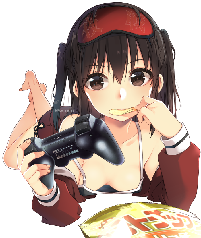 1girl bag_of_chips bare_shoulders barefoot blush breasts brown_eyes brown_hair camisole character_name chips collarbone contemporary controller downblouse dualshock eating foreshortening full_body game_controller gamepad hanging_breasts holding jacket kantai_collection ko_ru_ri legs_up long_sleeves looking_at_viewer lying on_stomach open_clothes open_jacket red_jacket sendai_(kantai_collection) short_hair simple_background sleeveless solo the_pose transparent_background wireless