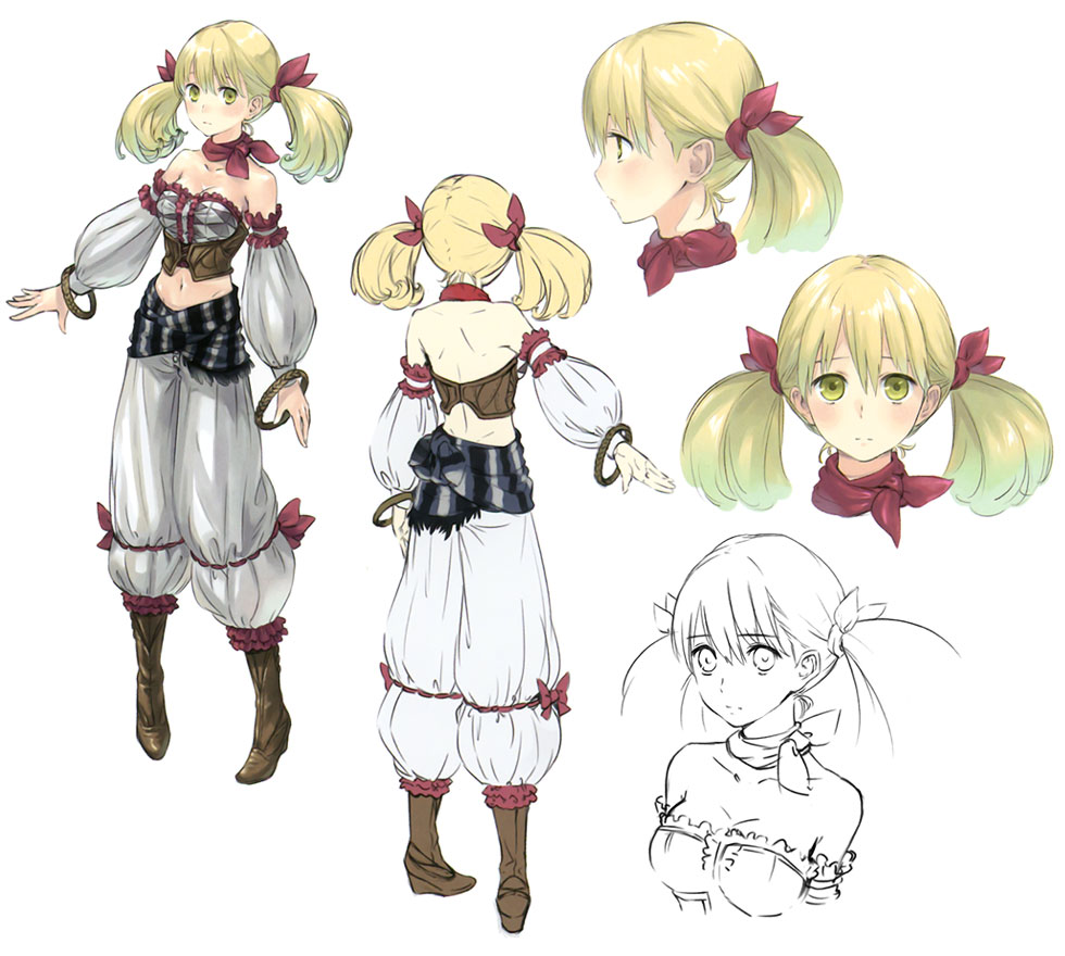 1girl atelier_(series) atelier_rorona bare_shoulders blonde_hair boots bow bracelet brown_boots concept_art crop_top expressionless full_body green_eyes hair_bow jewelry kishida_mel knee_boots lionela_heinze pants red_bow short_hair solo twintails white_background white_pants