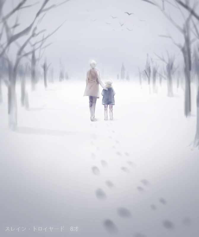 aldnoah.zero bird coat footprints kanmuri_(hanyifan30338) scarf short_hair silver_hair slaine_troyard snow winter winter_clothes winter_coat