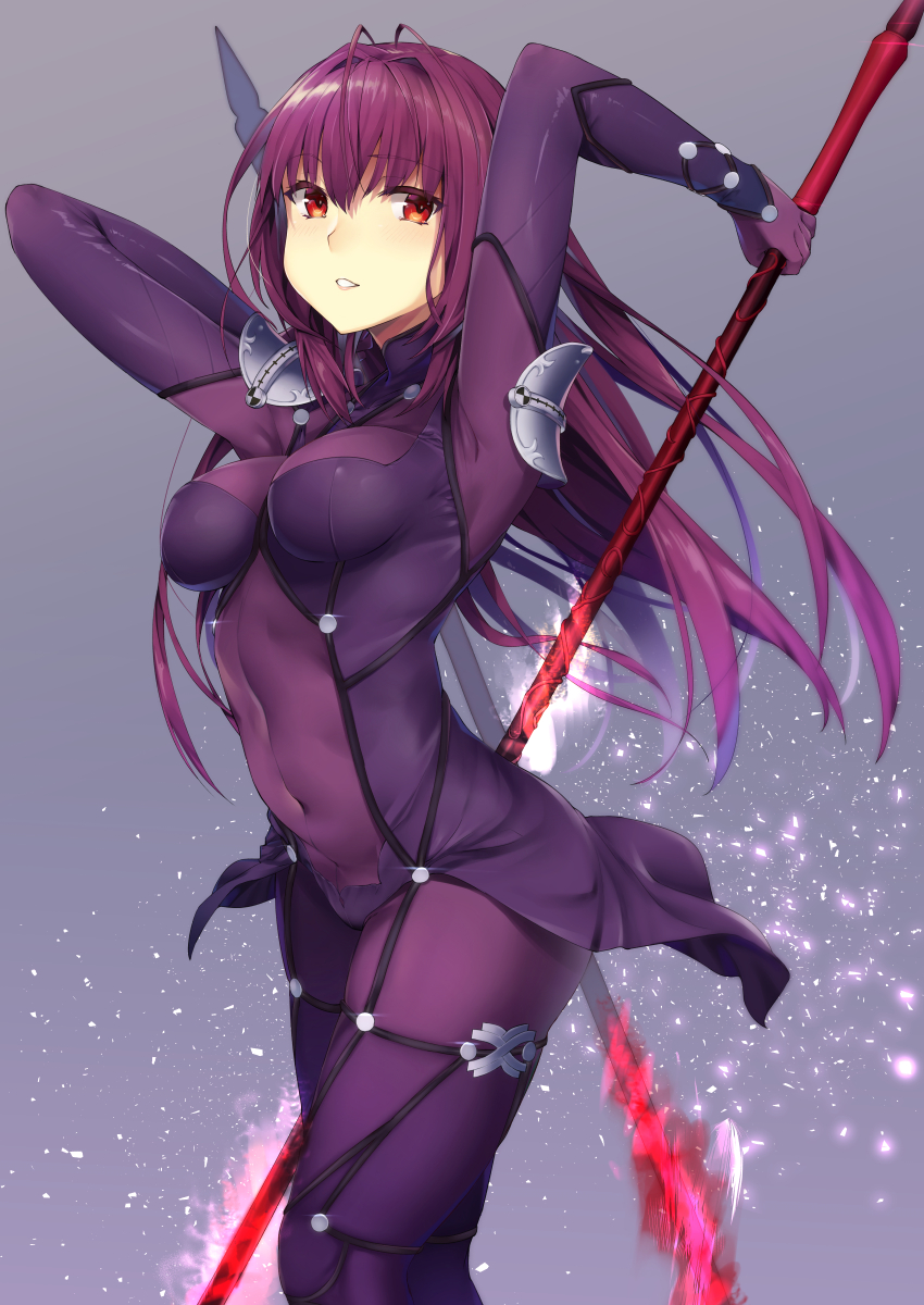 1girl bodysuit breasts covered_navel dual_wielding fate/grand_order fate_(series) gae_bolg highres large_breasts long_hair omochi_no_kimochi parted_lips polearm purple_hair red_eyes scathach_(fate/grand_order) solo spear weapon