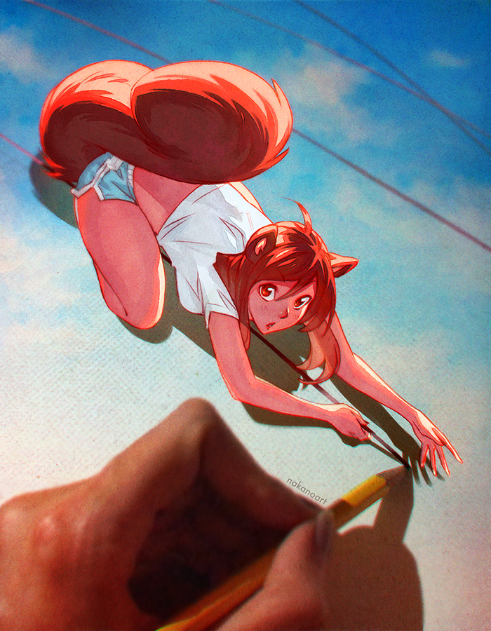 1girl animal_ears blush breasts brown_eyes brown_hair clouds hair_between_eyes holding_pencil looking_at_viewer midriff nakanoart original parted_lips pencil reaching_out shirt short_shorts shorts silhouette sky solo squirrel_ears squirrel_tail tail tightrope white_shirt