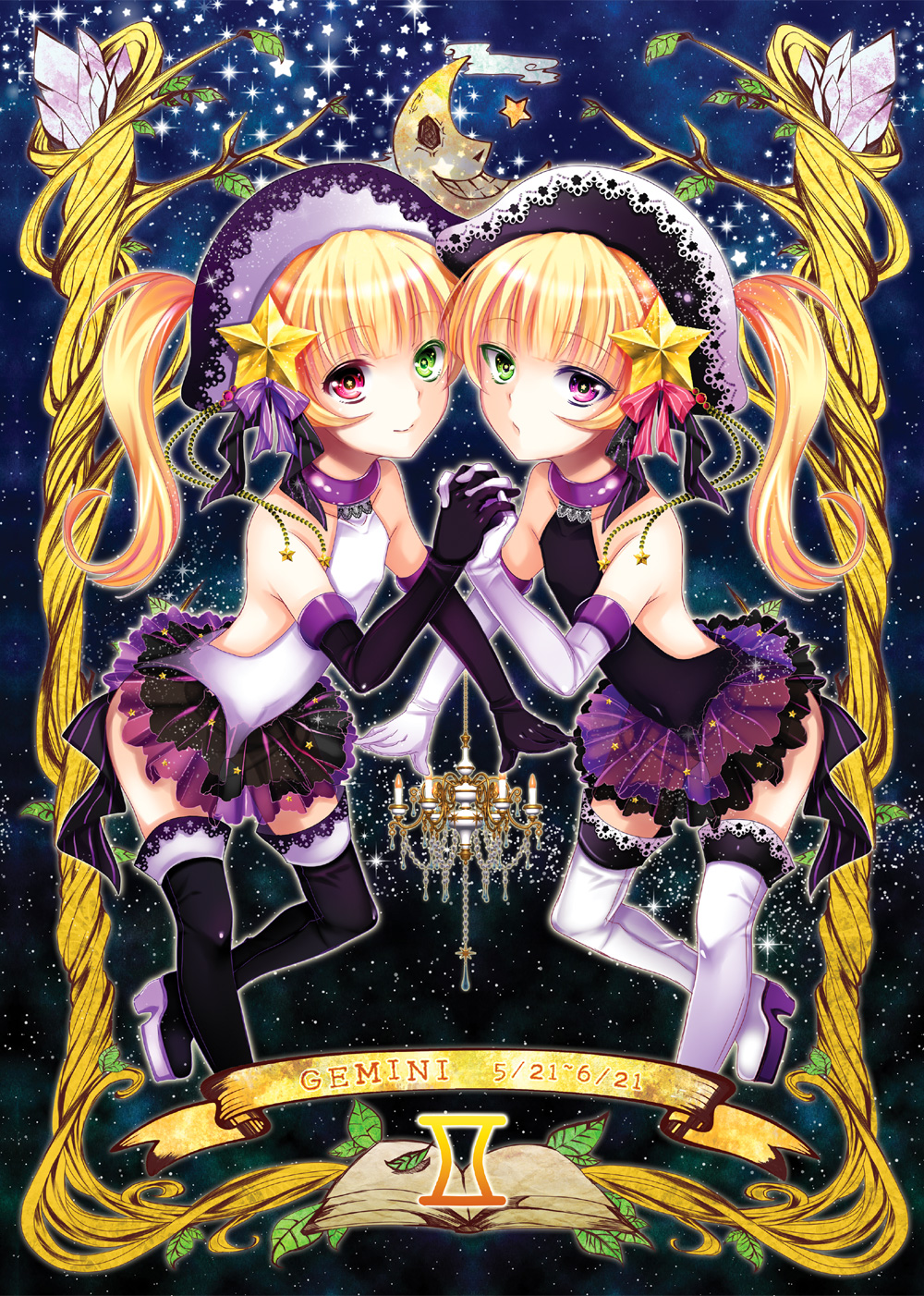 2girls bare_shoulders blonde_hair book boots chandelier collarbone covered_navel crescent_moon dated detached_sleeves dress elbow_gloves full_body gemini gloves green_eyes hair_ornament hair_ribbon hat heterochromia highres holding_hands hoozuki_shia interlocked_fingers leaf looking_at_viewer moon multiple_girls original ribbon short_hair siblings side_ponytail sky smile star star_(sky) star_hair_ornament starry_background starry_sky thigh-highs thigh_boots twins violet_eyes