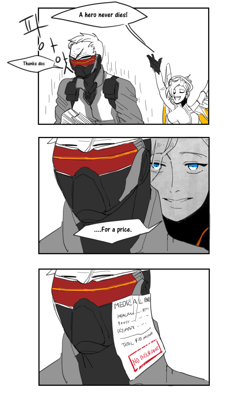 1boy 1girl 3koma bill blue_eyes comic empty_eyes english ethanol-da evil_smile highres mechanical_wings mercy_(overwatch) overwatch partially_colored smile soldier:_76_(overwatch) visor wings