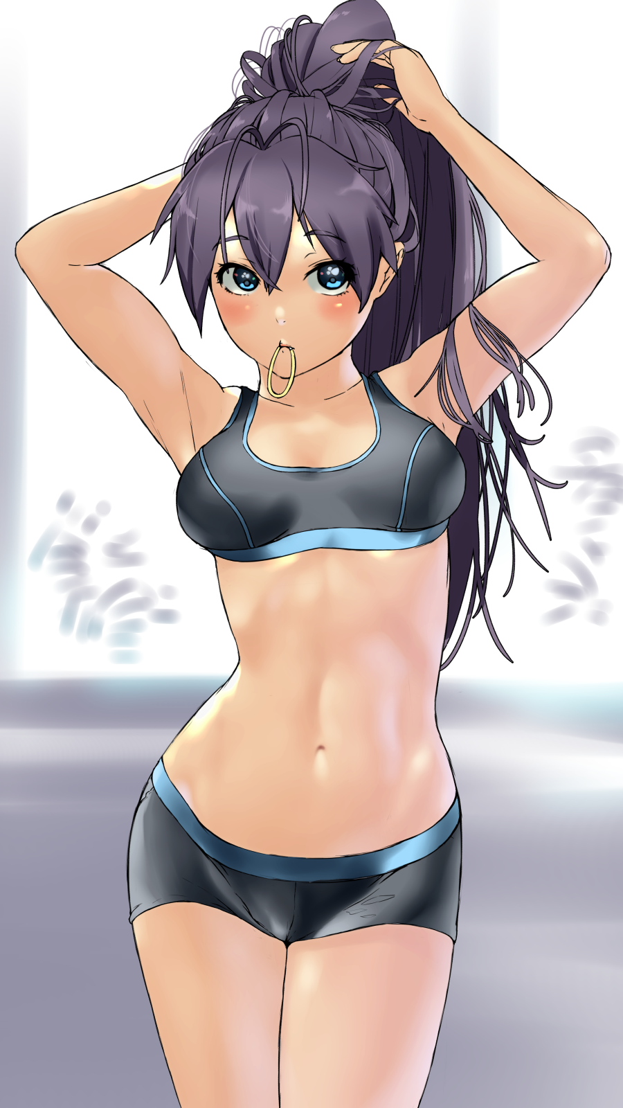 1girl adjusting_hair antenna_hair black_hair blue_eyes breasts earrings ganaha_hibiki highres hoop_earrings idolmaster jewelry jorori long_hair looking_at_viewer midriff mouth_hold navel ponytail shorts solo sports_bra tying_hair