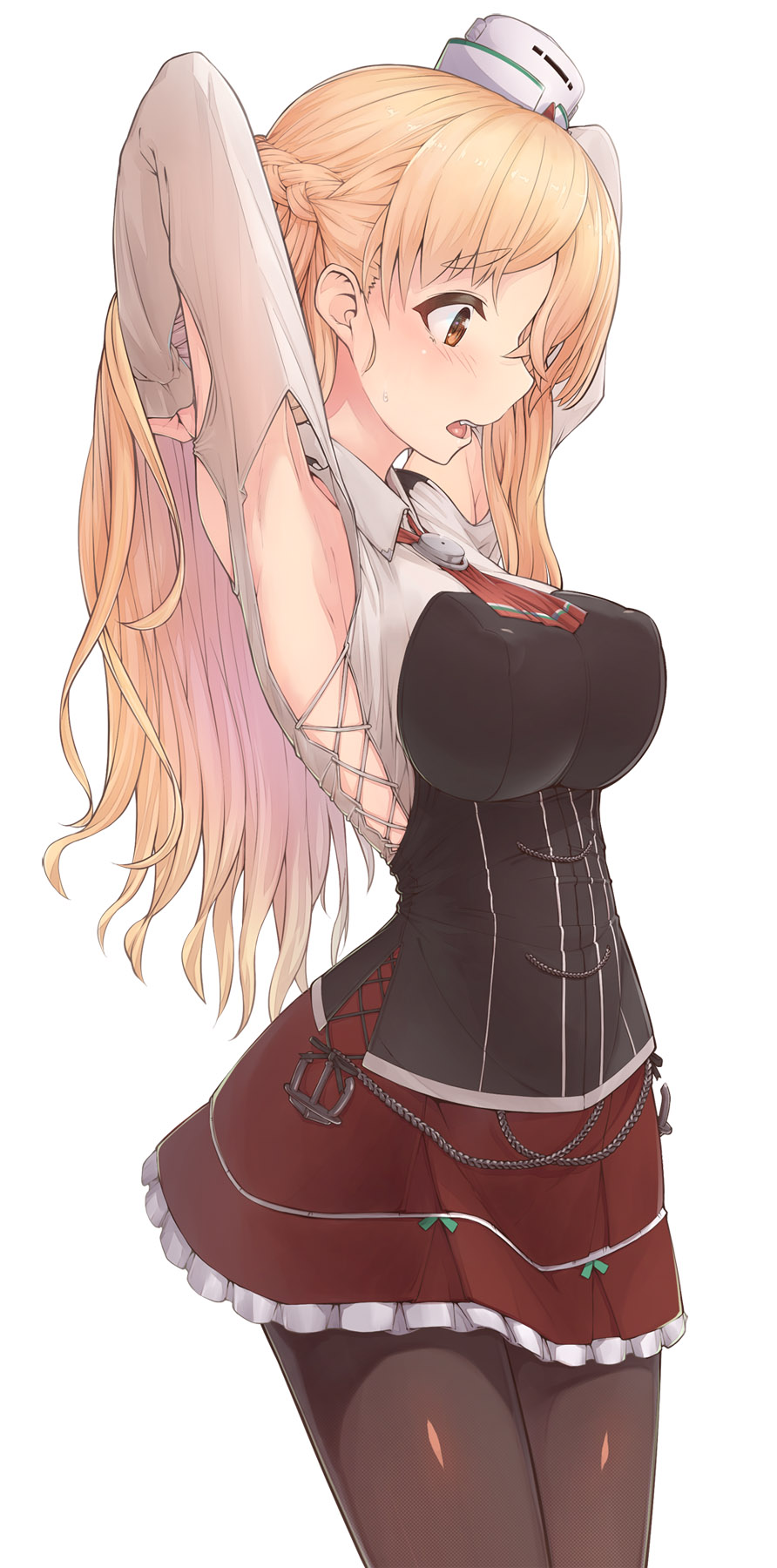 1girl armpits arms_up black_legwear blonde_hair breasts brown_eyes covered_nipples frilled_skirt frills highres kantai_collection long_hair open_mouth pantyhose profile red_skirt simple_background skirt solo teeth urigarasu very_long_hair zara_(kantai_collection)
