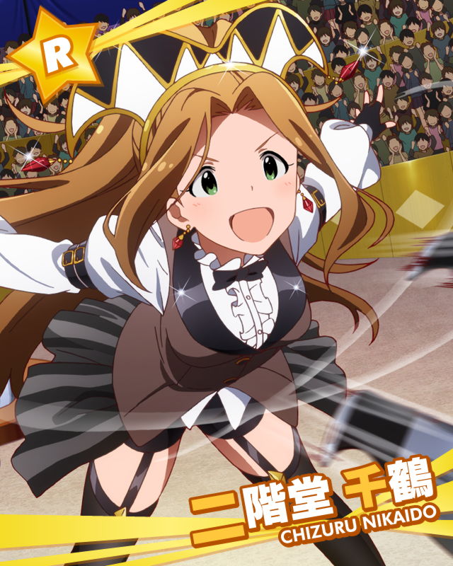 blush brown_hair character_name circus dress green_eyes happy idolmaster idolmaster_million_live! long_hair nikaido_chizuru ponytail