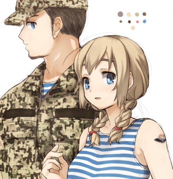 1boy 1girl beard blue_eyes brown_hair camouflage facial_hair military military_uniform msc_nm standing tagme telnyashka uniform