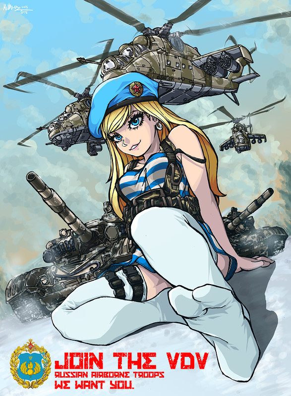 artist_request beret blonde_hair blue_eyes hat helicopter mi-24 military military_uniform military_vehicle russia star t-72 tagme tank telnyashka uniform vdv vehicle