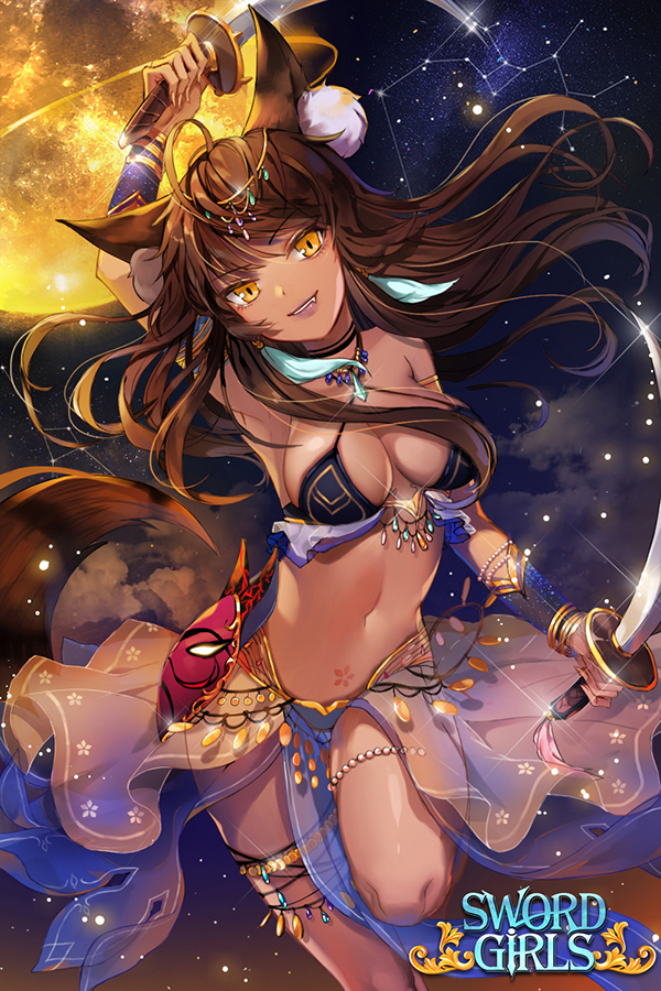 1girl animal_ears bracelet breasts brown_hair cleavage constellation dark_skin dual_wielding harem_outfit holding holding_sword holding_weapon jewelry long_hair looking_at_viewer moon navel necklace scimitar smile solo sword sword_girls teeth weapon yellow_eyes yumaomi