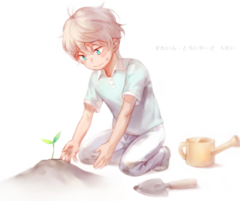 1boy aldnoah.zero aqua_eyes gardening kanmuri_(hanyifan30338) short_hair short_sleeves silver_hair slaine_troyard sprout