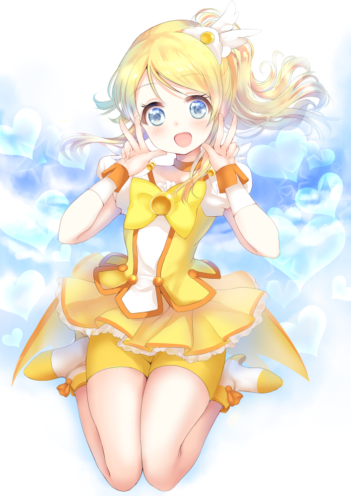 1girl ayase_eli bike_shorts blonde_hair blue_eyes bow cure_peace cure_peace_(cosplay) double_v gorua_(youce01) long_hair love_live!_school_idol_project ponytail precure revision skirt smile smile_precure! solo v yellow_bow yellow_skirt