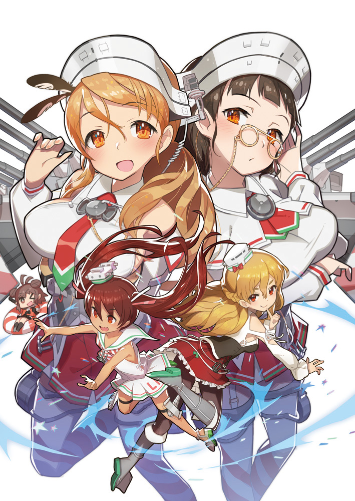 5girls :d bangs bare_shoulders blonde_hair blunt_bangs boots braid breasts brown_eyes brown_hair brown_legwear capelet chibi corset detached_sleeves double_bun dress french_braid glasses hat headdress kantai_collection large_breasts libeccio_(kantai_collection) light_brown_hair littorio_(kantai_collection) long_hair looking_at_viewer mini_hat miniskirt multiple_girls naka_(kantai_collection) necktie open_mouth pantyhose pince-nez pleated_skirt ponytail red_eyes red_skirt roma_(kantai_collection) sailor_collar sailor_dress saitou_naoki school_uniform serafuku shirt short_hair skirt sleeveless sleeveless_shirt smile tan twintails wavy_hair white_dress white_shirt zara_(kantai_collection)