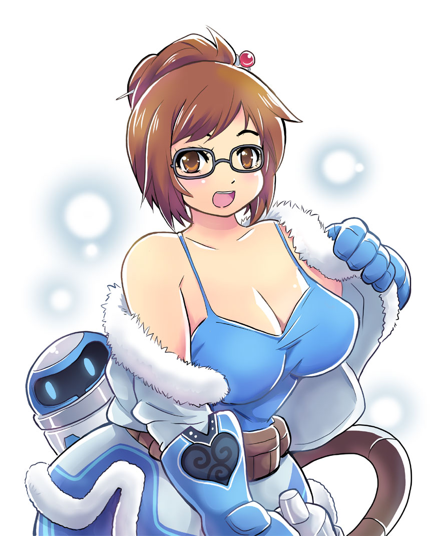 1girl belt blue_jacket blush brown_eyes brown_hair camisole collarbone colonel_aki commentary drone fur_trim glasses gloves hair_bun hair_ornament hairpin heart hose jacket mei_(overwatch) no_bra open_mouth overwatch removing_jacket round_teeth simple_background solo teeth upper_body utility_belt