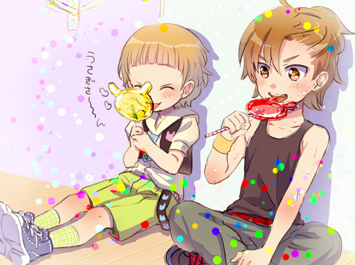 2boys blonde_hair brown_hair candy closed_eyes eating himeno_kanon idolmaster idolmaster_side-m indian_style licking lollipop looking_down male_focus multiple_boys rice_(rice8p) shoes sitting sneakers socks sweat tachibana_shirou tank_top wall wristband