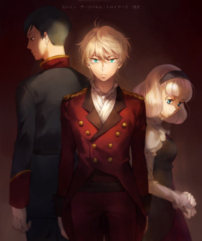 aldnoah.zero aqua_eyes black_hair blonde_hair blue_eyes harklight headband kanmuri_(hanyifan30338) lemrina_vers_envers looking_at_viewer military military_uniform pink_hair short_hair slaine_troyard uniform