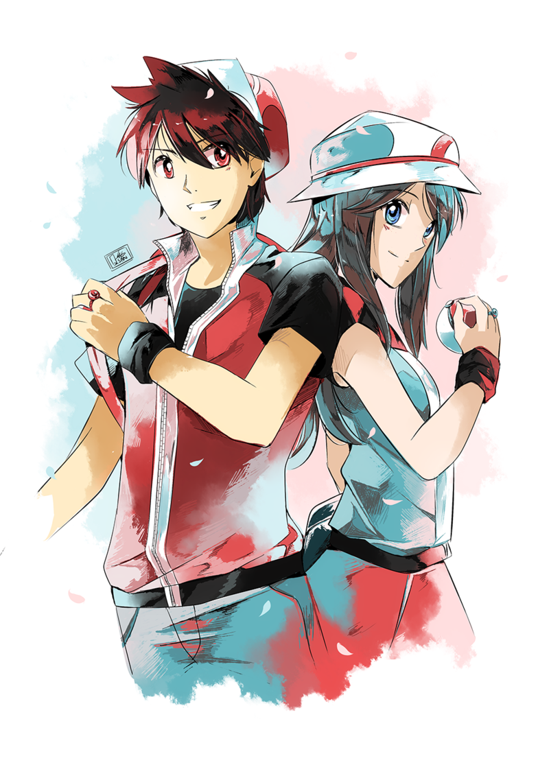 1boy 1girl black_hair black_shirt blue_(pokemon) blue_eyes blue_shirt brown_hair hat headwear jeans poke_ball pokemon pokemon_special red_(pokemon) red_eyes red_jacket red_skirt ring watercolor wristbands