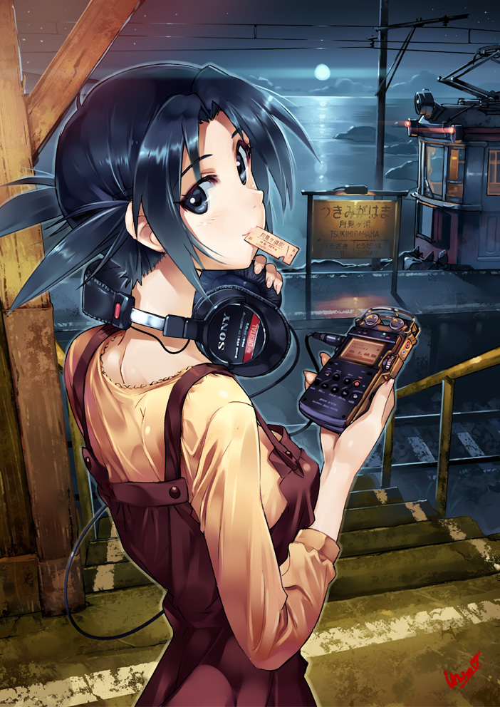 blue_eyes blue_hair full_moon headphones headphones_around_neck long_hair looking_back moon moonlight mouth_hold night scenery solo sony ticket train train_station tram vania600