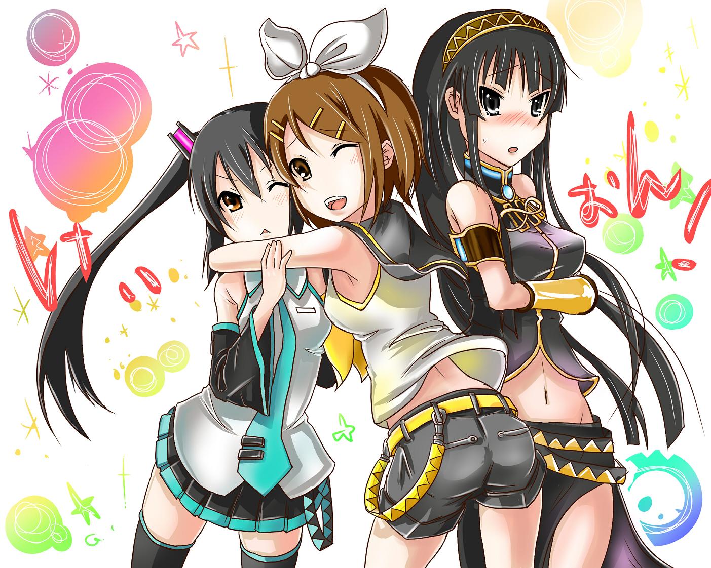 akiyama_mio armband bad_id black_eyes black_hair blush bow brown_eyes brown_hair cosplay hair_bow hairband hatsune_miku hatsune_miku_(cosplay) hirasawa_yui hug k-on! kagamine_rin kagamine_rin_(cosplay) long_hair megurine_luka megurine_luka_(cosplay) midriff multiple_girls nakano_azusa navel necktie s@ki_kilisawa sailor_collar short_hair shorts skirt tears thighhighs twintails vocaloid vocaloid_boxart_pose zettai_ryouiki